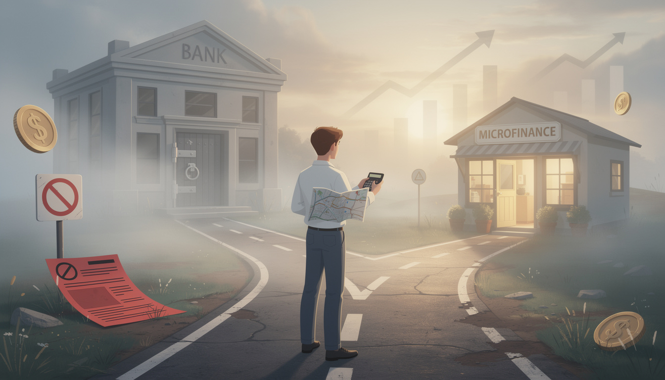 Человек выбирает путь к микрофинансовой организации на перекрёстке, символизируя получение займа при проблемной кредитной истории.