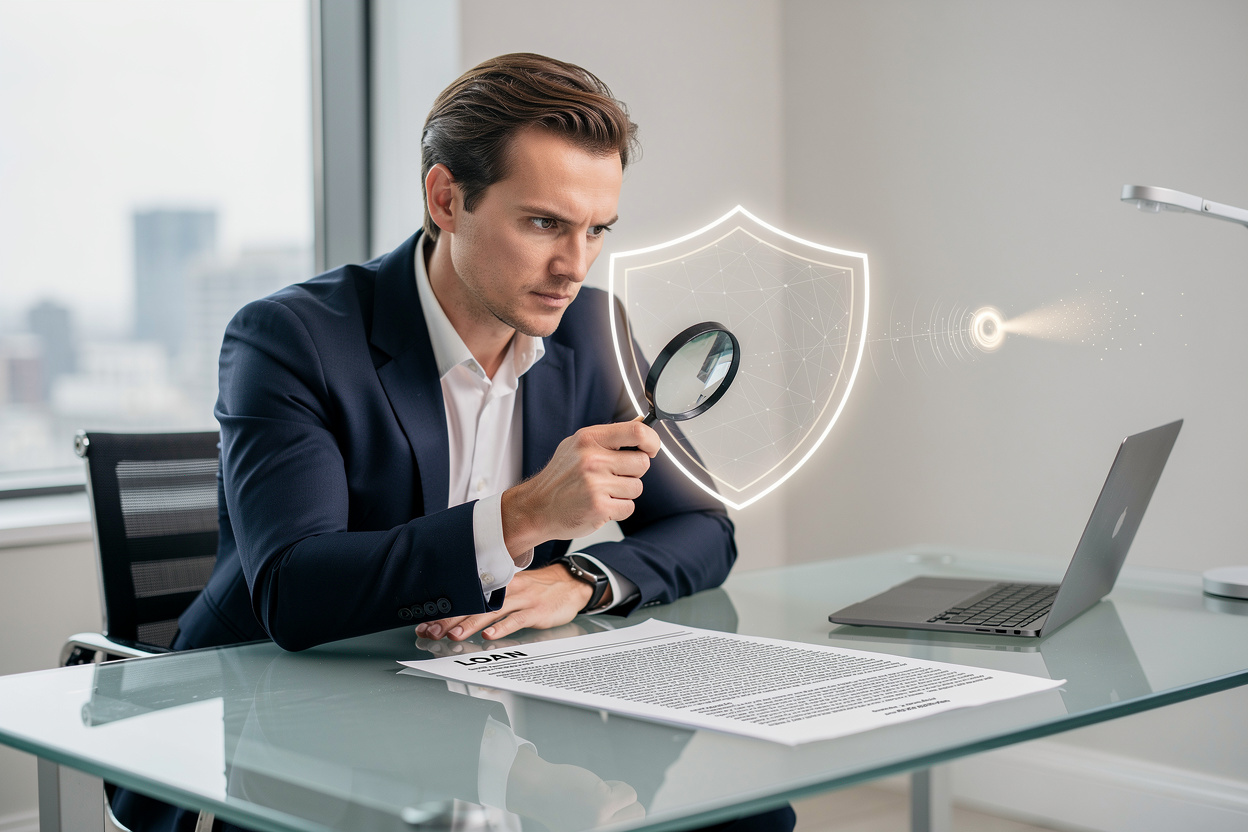 Человек внимательно изучает договор микрокредита с лупой, символизируя защиту прав заёмщика.