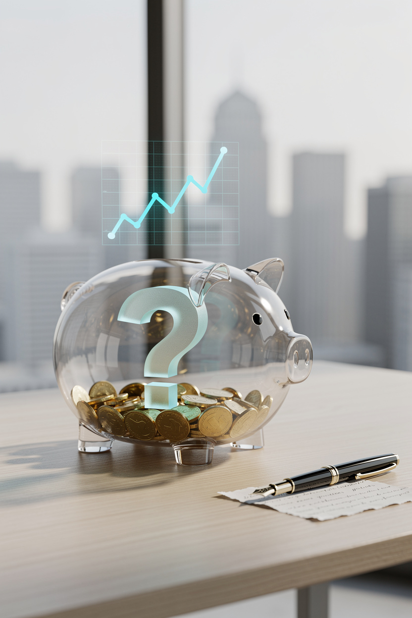 Прозрачная копилка с вопросительным знаком внутри на столе, символизирующая вопросы о займах и кредитных лимитах.