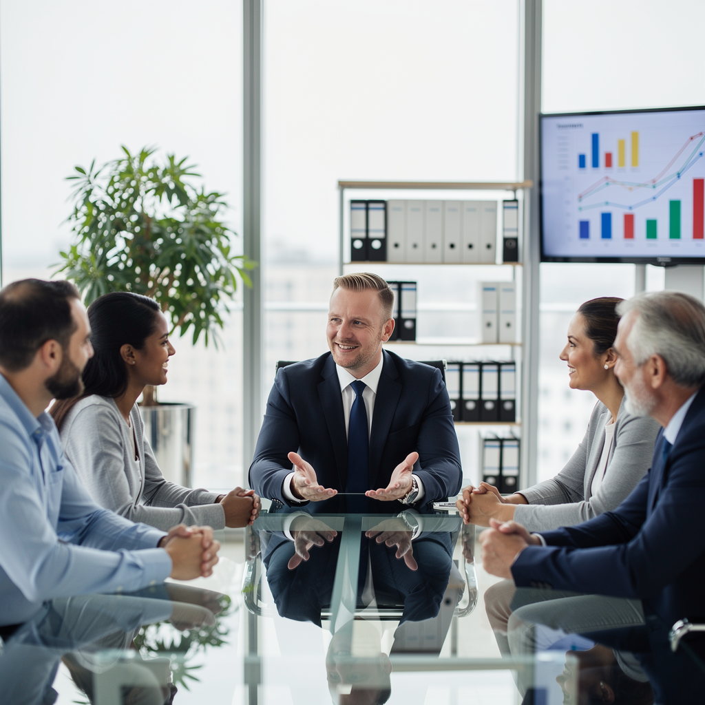 Финансовый консультант ведет уважительную беседу с клиентами в современном офисе, символизируя честные критерии выбора МФО.