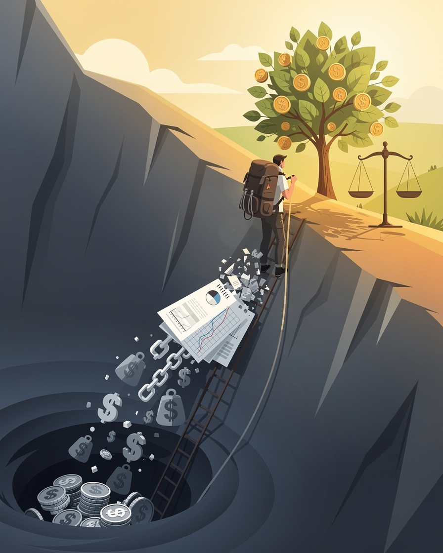 Человек, поднимающийся по скалистому склону, сбрасывает тяжёлый рюкзак с долгами, используя лестницу из финансовых документов, символизируя выход из долговой ямы.