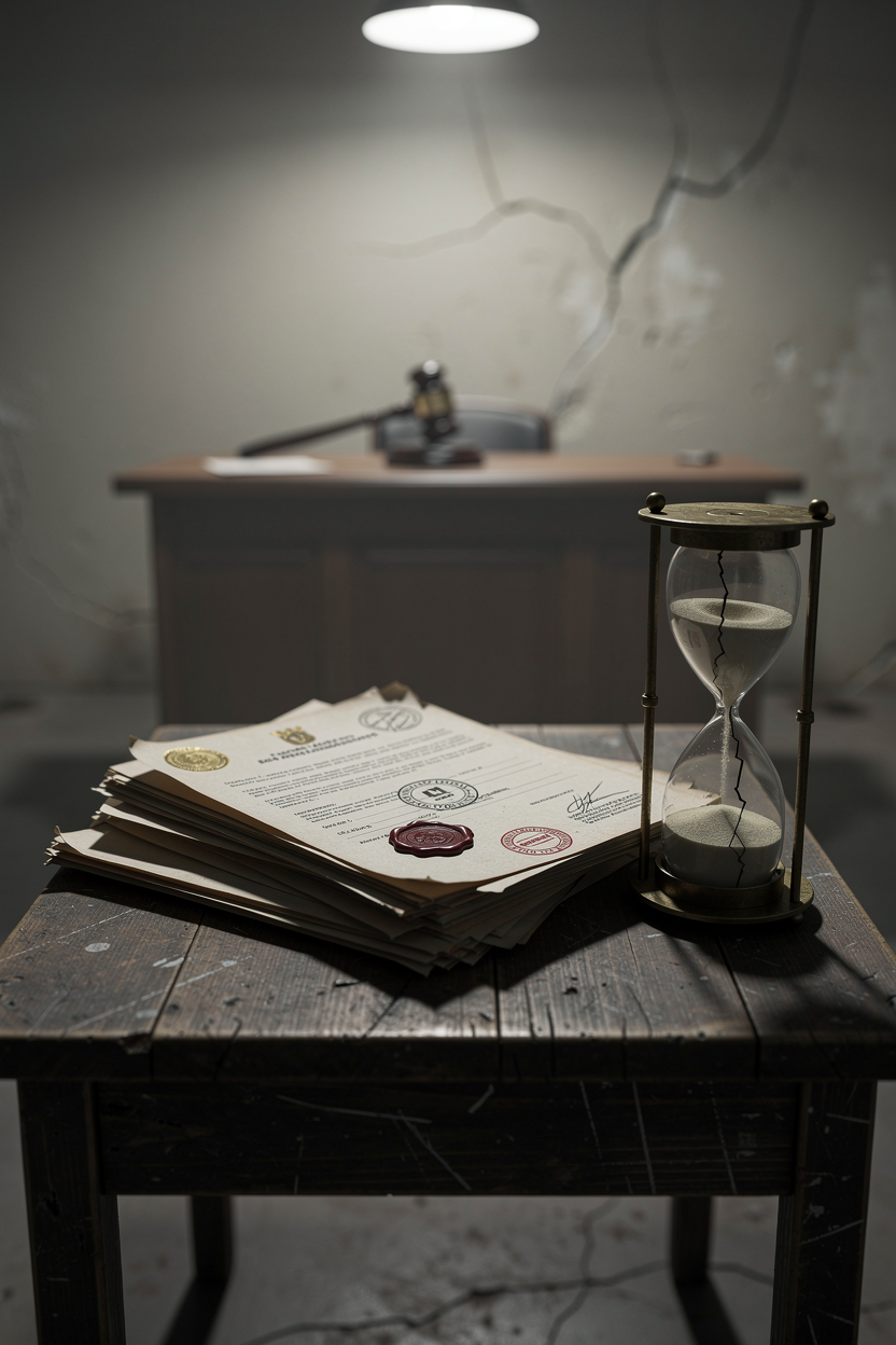 Символичное изображение юридических рисков микрозаймов: документы с печатями, песочные часы и губка в судебной обстановке.