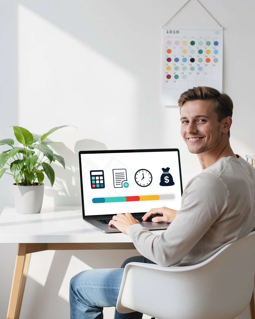 Человек в домашнем офисе оформляет онлайн-заем на ноутбуке, показывая пошаговый процесс с иконками и календарем.