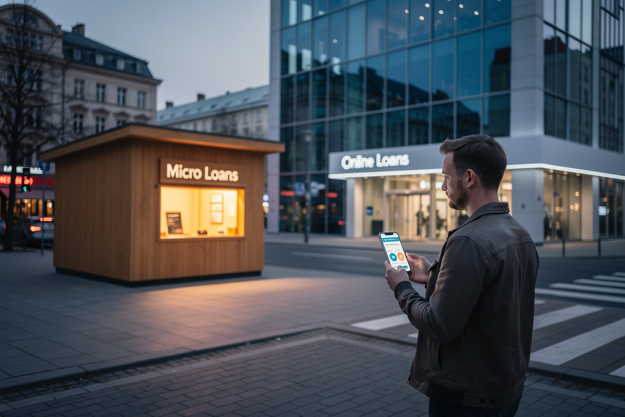Человек на перекрестке в городе, выбирающий между маленьким киоском микрозаймов и большим зданием онлайн-кредитов, держа смартфон.