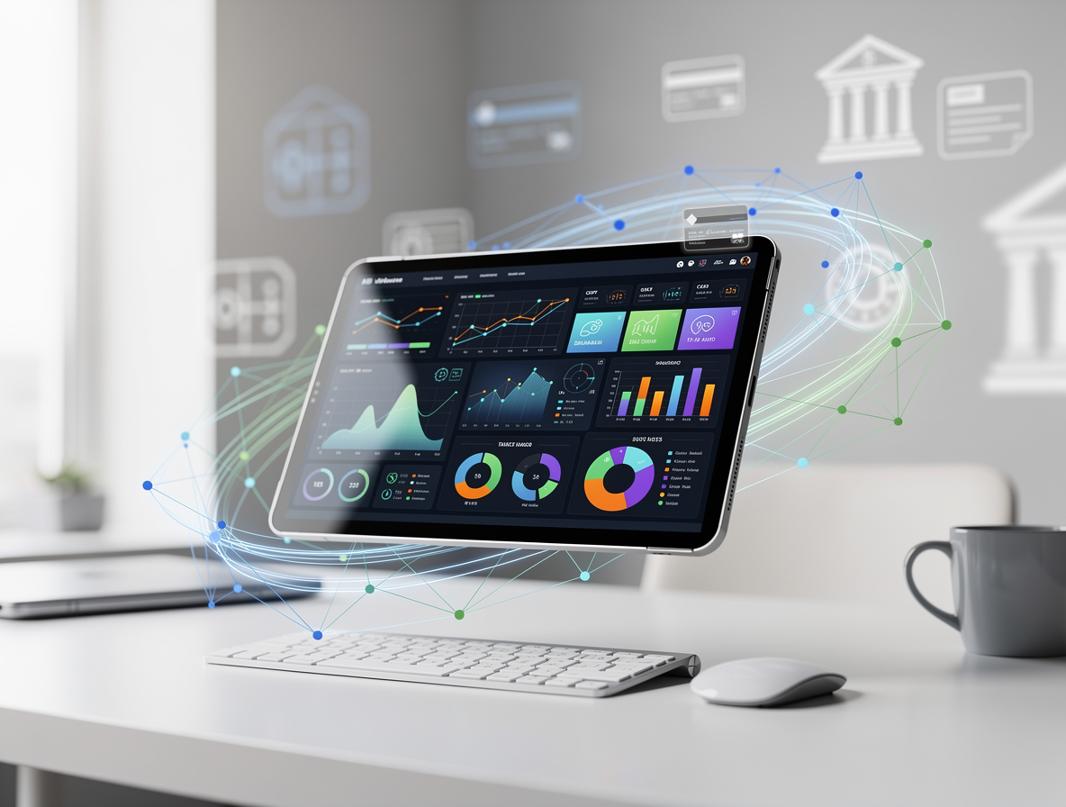 Цифровой планшет с интерактивной панелью сравнения финансовых предложений в окружении сети данных, символизирующей работу агрегаторов.