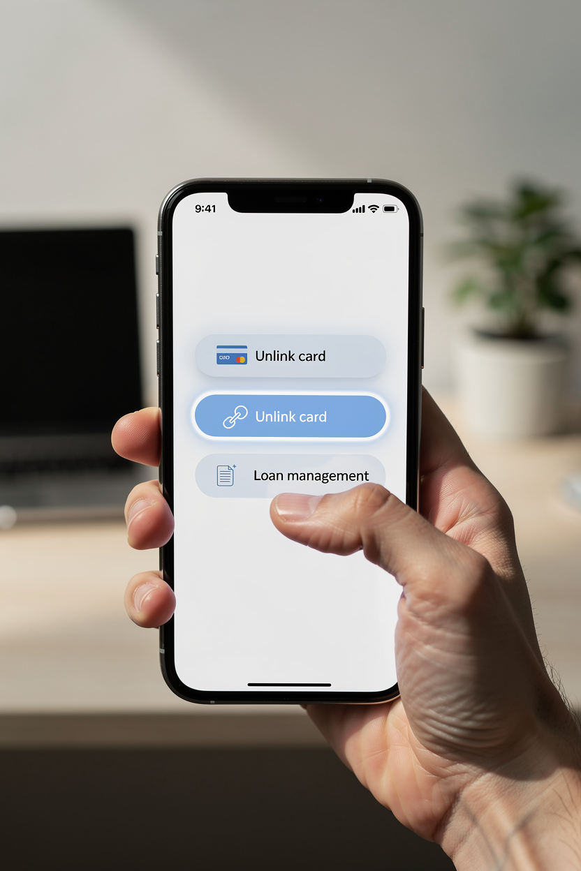 Рука человека с телефоном, на экране которого видны иконки для отвязки карты и управления займами, в уютном домашнем офисе.