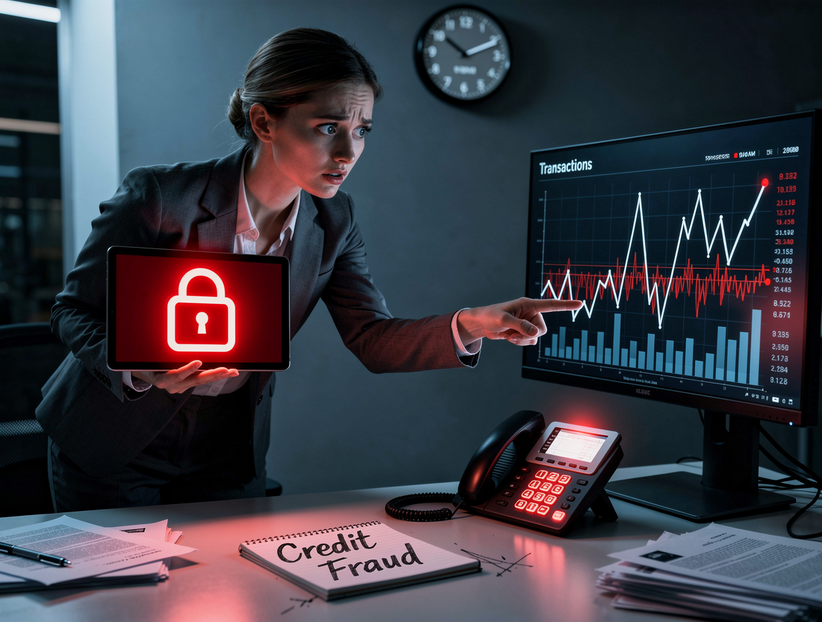 Женщина в офисе обнаруживает подозрительную транзакцию на экране компьютера, выражая тревогу и готовность к действиям.