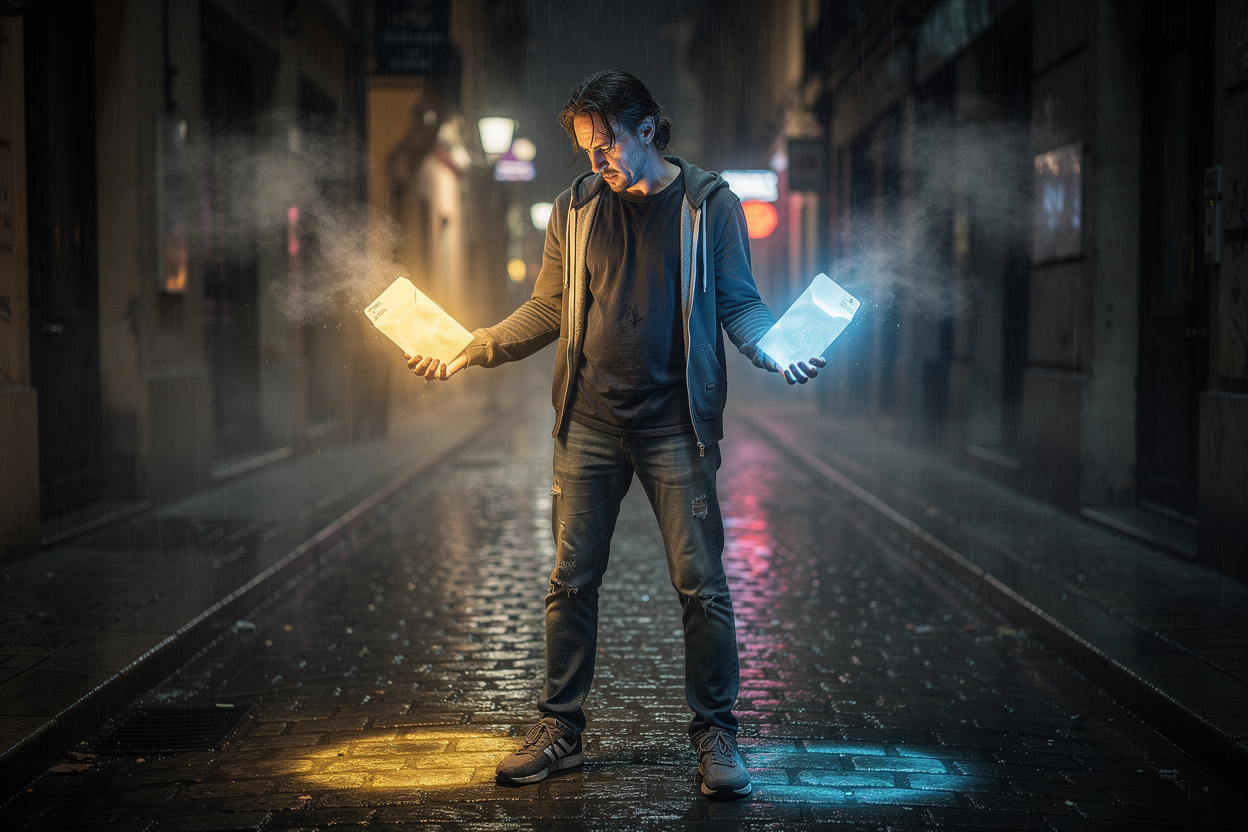 Человек на перекрёстке в тёмном переулке сравнивает два светящихся конверта, символизирующих выбор микрозаймов в сложной ситуации.