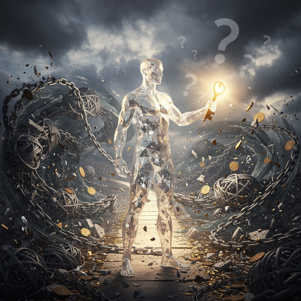 Человеческая фигура из кристалла, стоящая в шторме финансовых символов и держащая ключ, символизируя поиск решений по займам в сложных ситуациях.