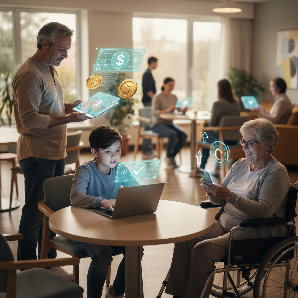 Люди разных возрастов и профессий получают доступ к финансовым услугам через цифровые устройства в общественном месте.