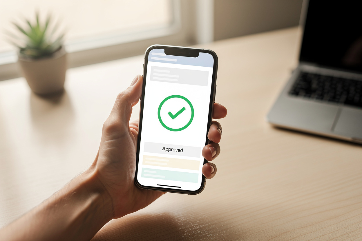 Рука держит смартфон с одобренной заявкой на займ в уютной домашней обстановке