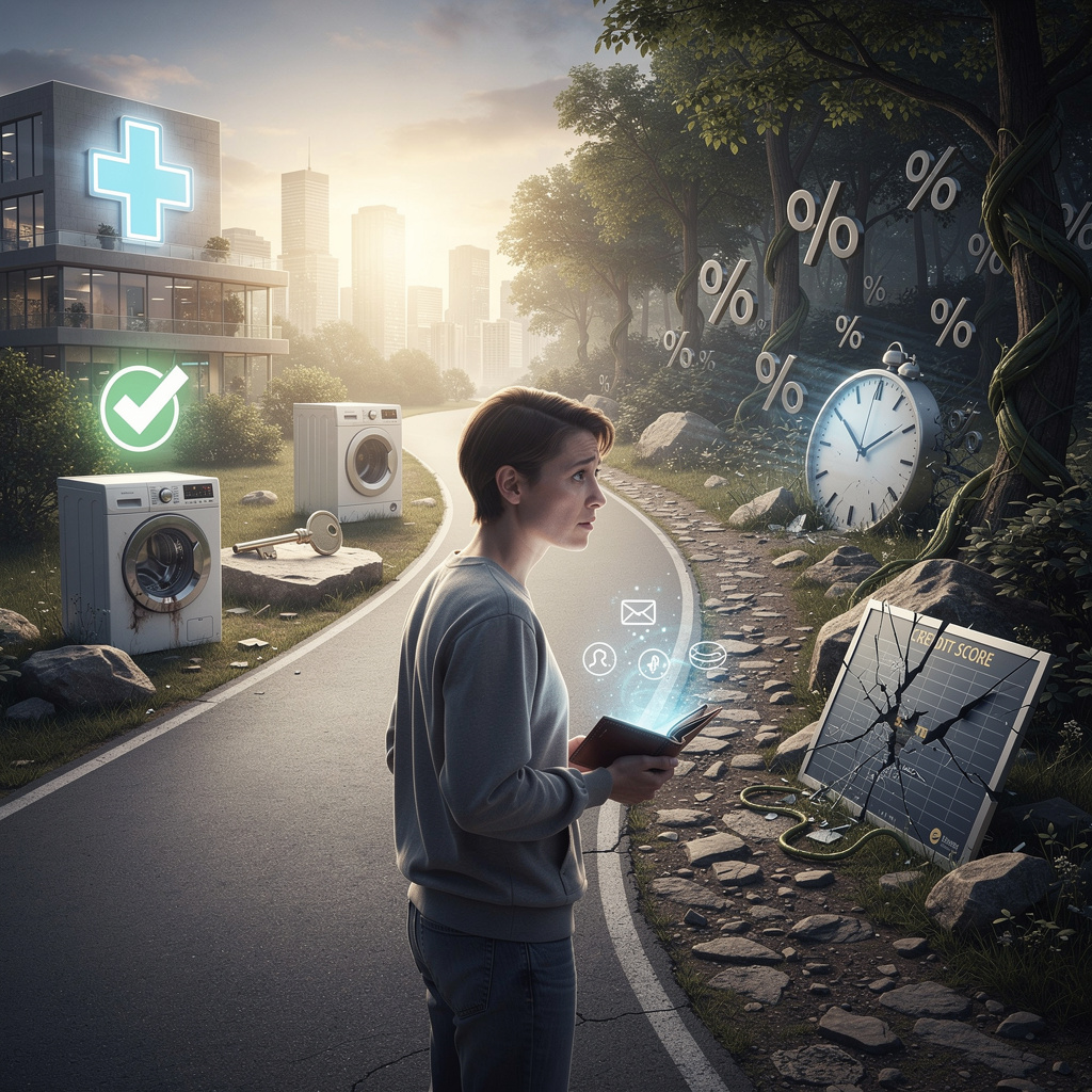 Человек на перекрёстке, символизирующем выбор между быстрыми займами с преимуществами и рисками