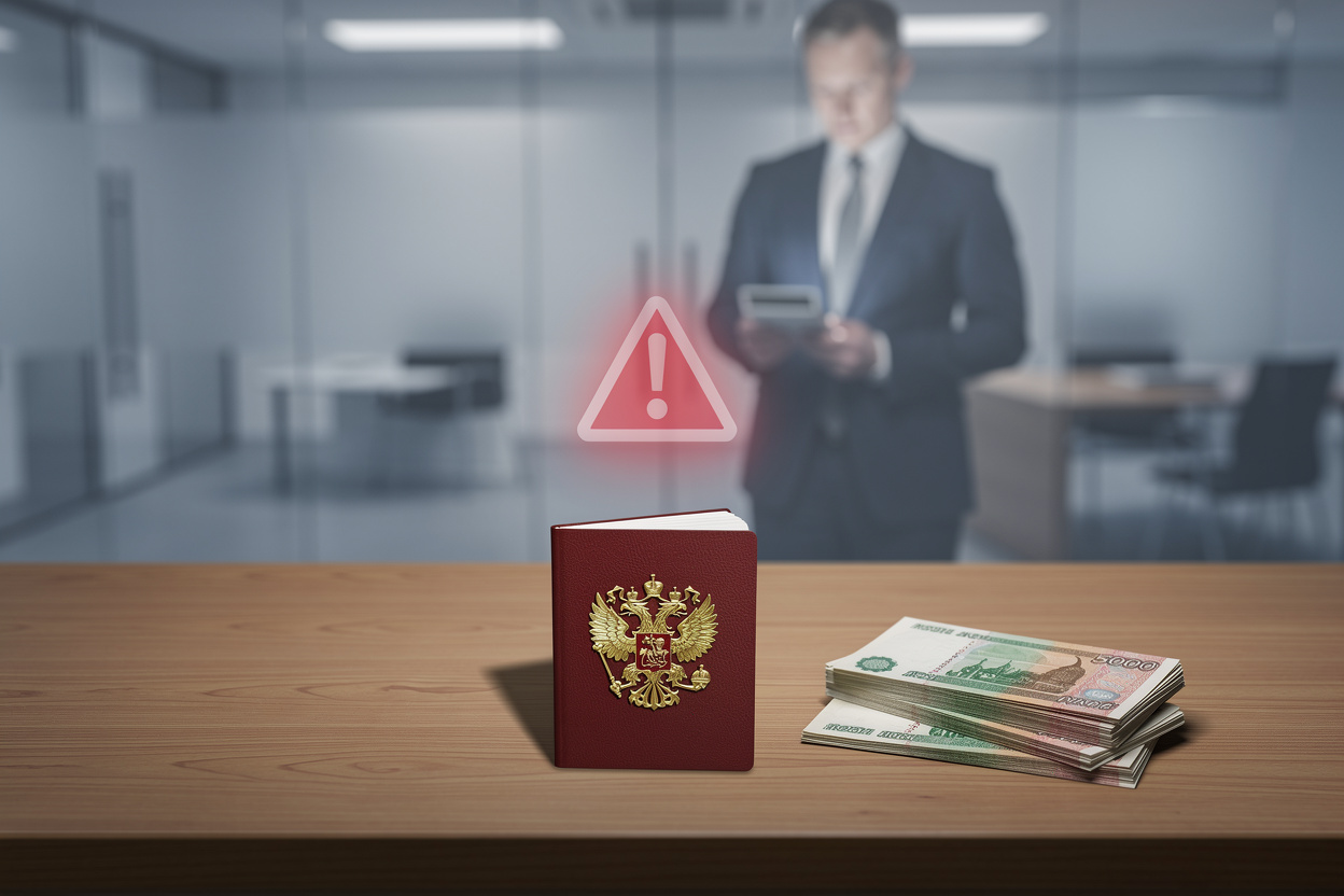 Паспорт и деньги на столе в офисе, символизирующие условия кредита без телефона