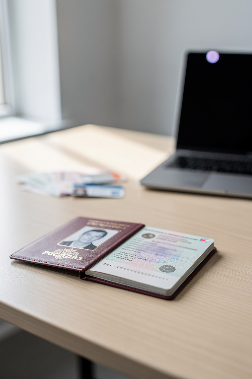 Минималистичный стол с российским паспортом на фоне окна, символизирующий простоту оформления займа.