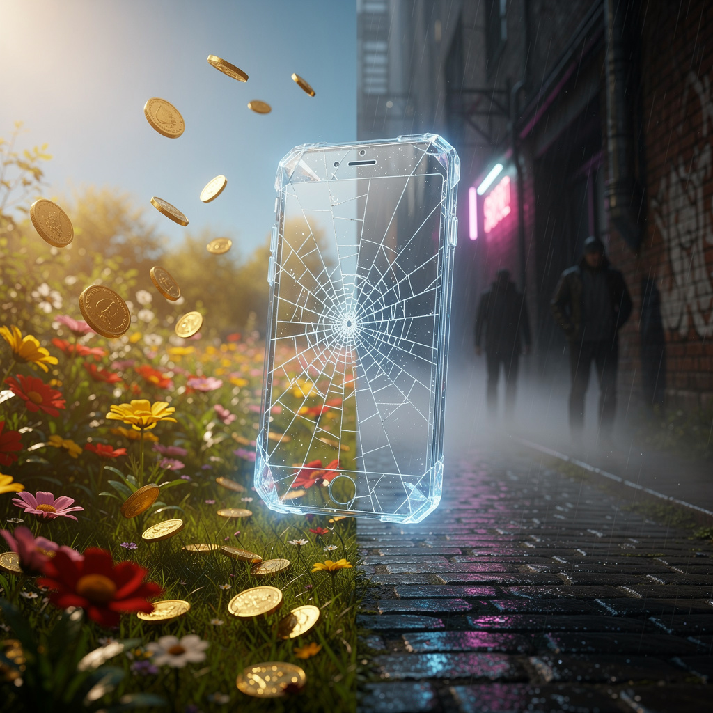Символическая иллюстрация, изображающая кристаллический смартфон с трещинами, окружённый контрастными сценами: цветущий сад с золотыми монетами и тёмный переулок с дождём, отражающие преимущества и недостатки займов без телефона.