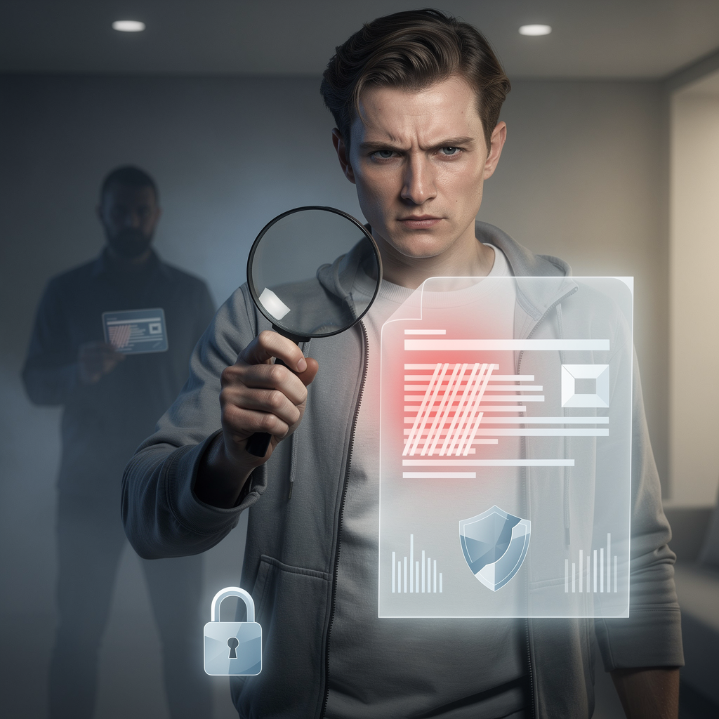 Бдительный человек изучает кредитный отчёт с лупой, на фоне силуэта мошенника, символизируя защиту от кредитного мошенничества.
