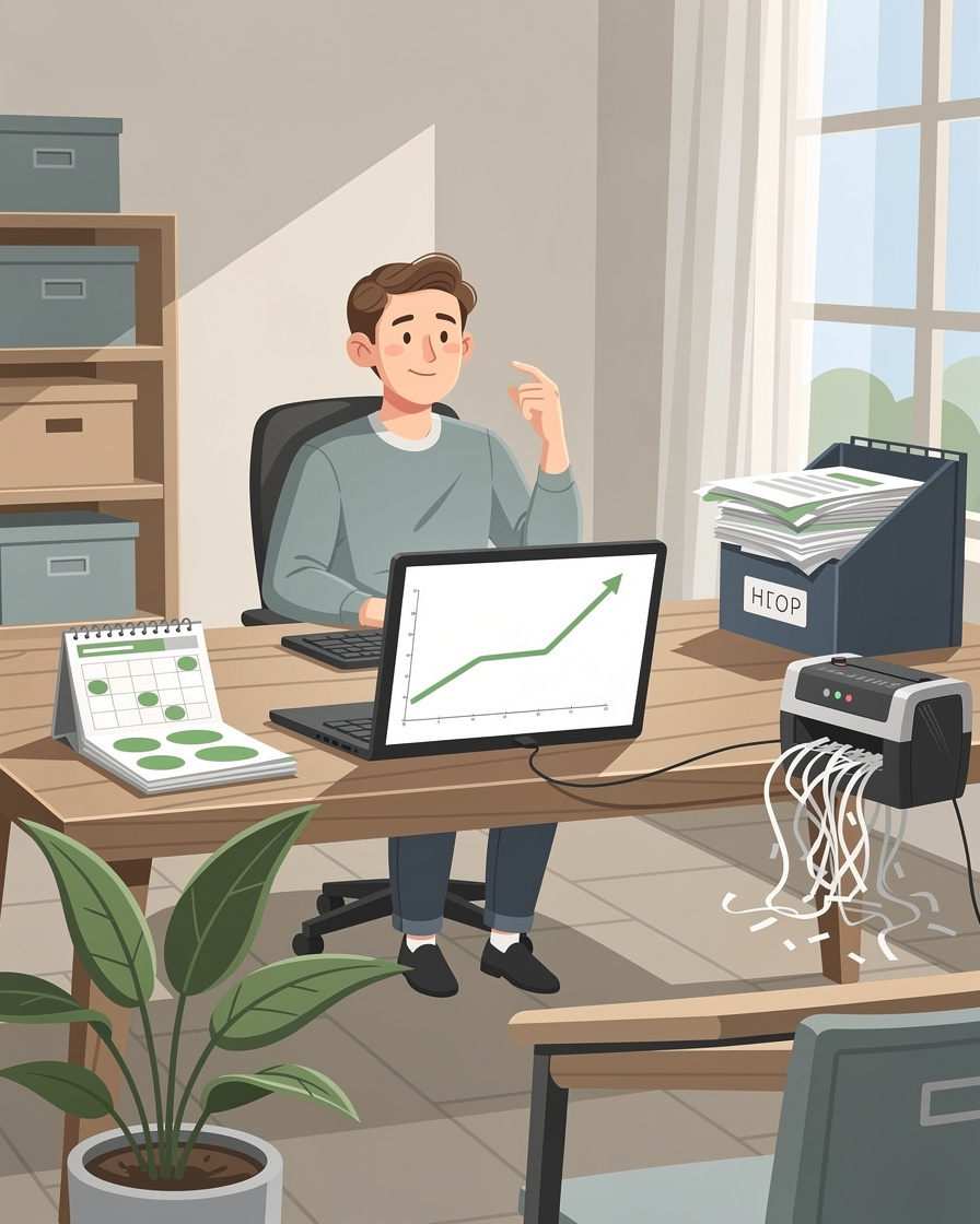 Иллюстрация, символизирующая реструктуризацию долгов и кредитные каникулы: человек в уютном домашнем офисе с графиком роста на экране, календарём с зелёными отметками и здоровым растением, передающая ощущение облегчения и порядка.