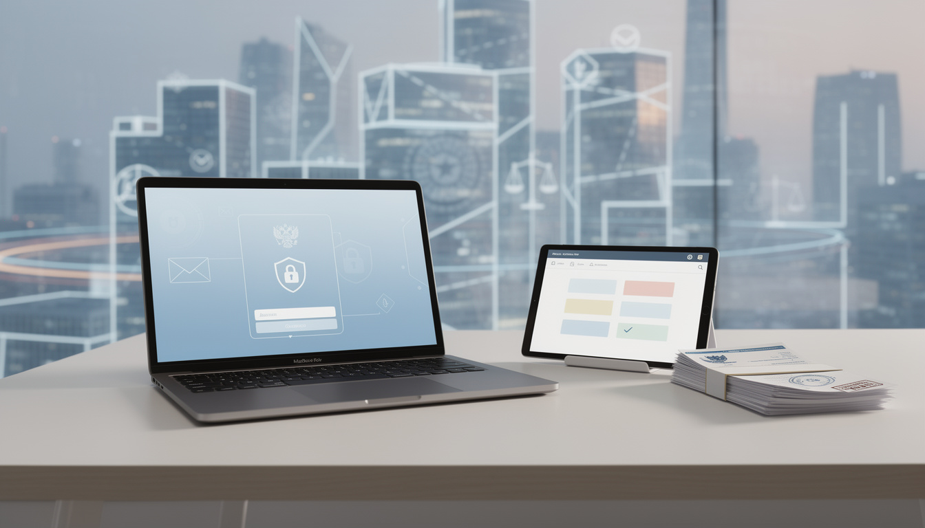 Изображение современного офиса с ноутбуком и планшетом, символизирующее альтернативные способы верификации для займов без телефона.