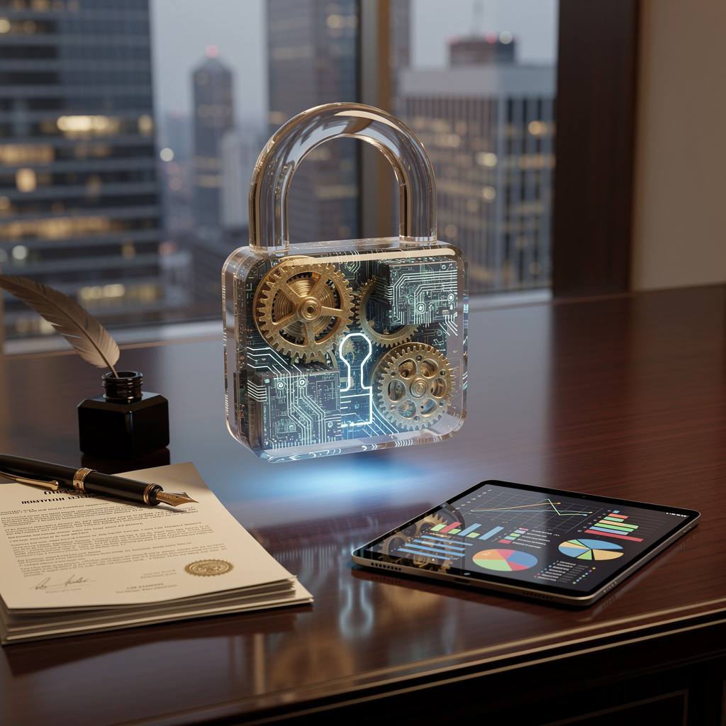 Кристаллический замок с движущимися механизмами, символизирующий безопасность финансовых операций в современном юридическом офисе.