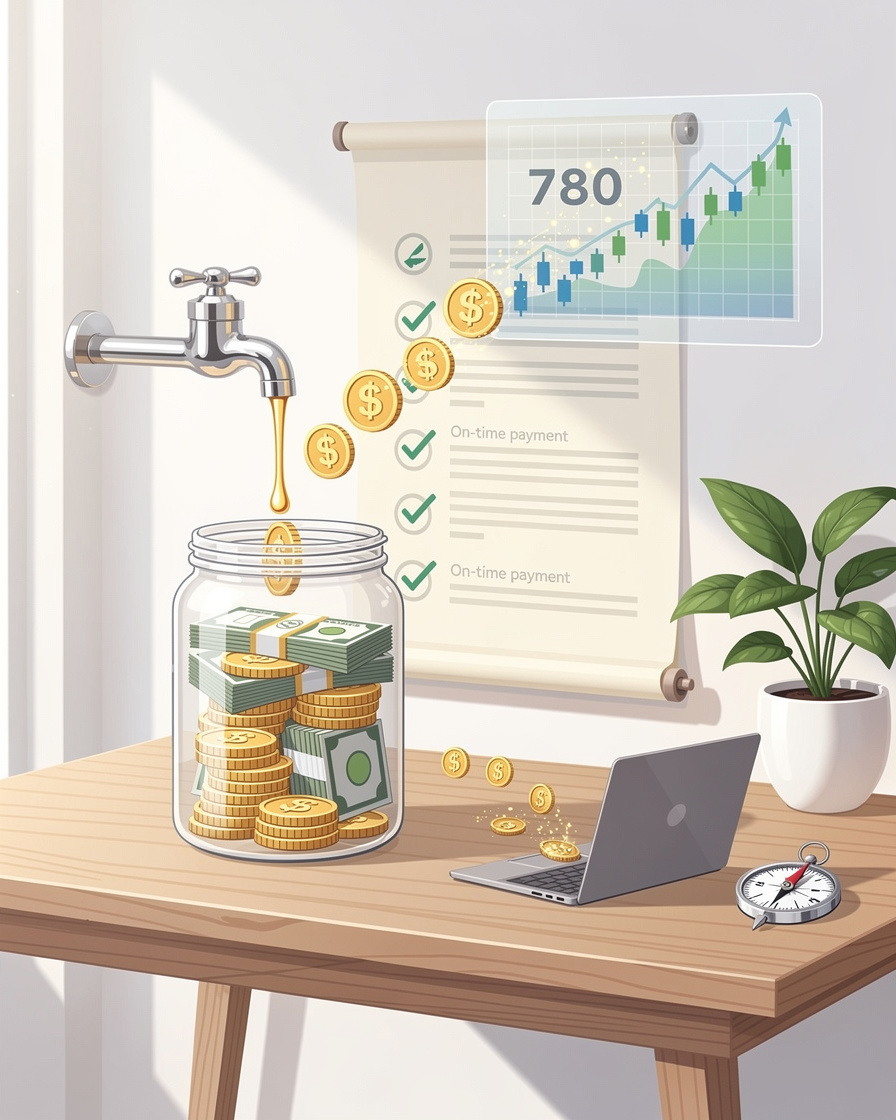 Символическое изображение сбалансированной финансовой системы: стеклянная банка с накоплениями, окружённая потоками доходов и элементами контроля кредита в уютном домашнем офисе.