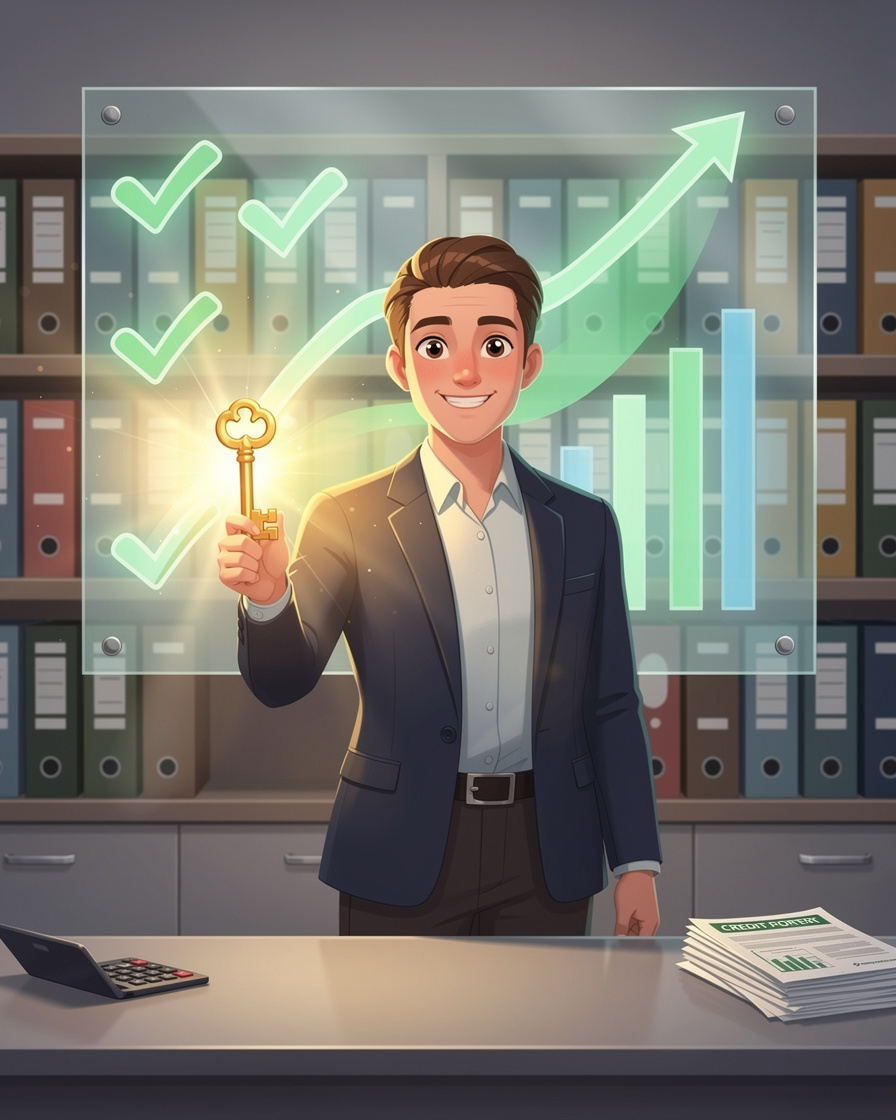 Человек держит светящийся золотой ключ перед доской с зелёными галочками и графиками роста в современном офисе, символизируя успешные стратегии для одобрения займа.