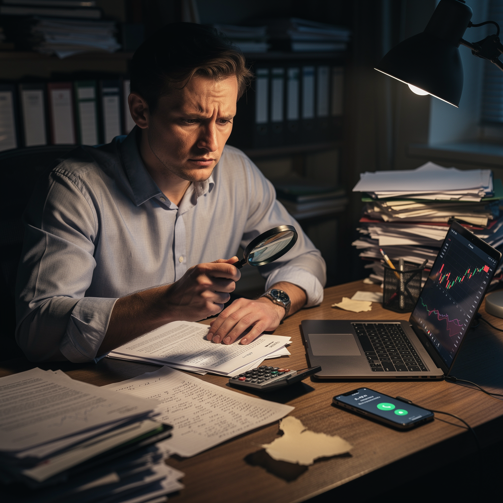 Человек в офисе анализирует финансовые документы и доказательства, размышляя о кредите без договора.
