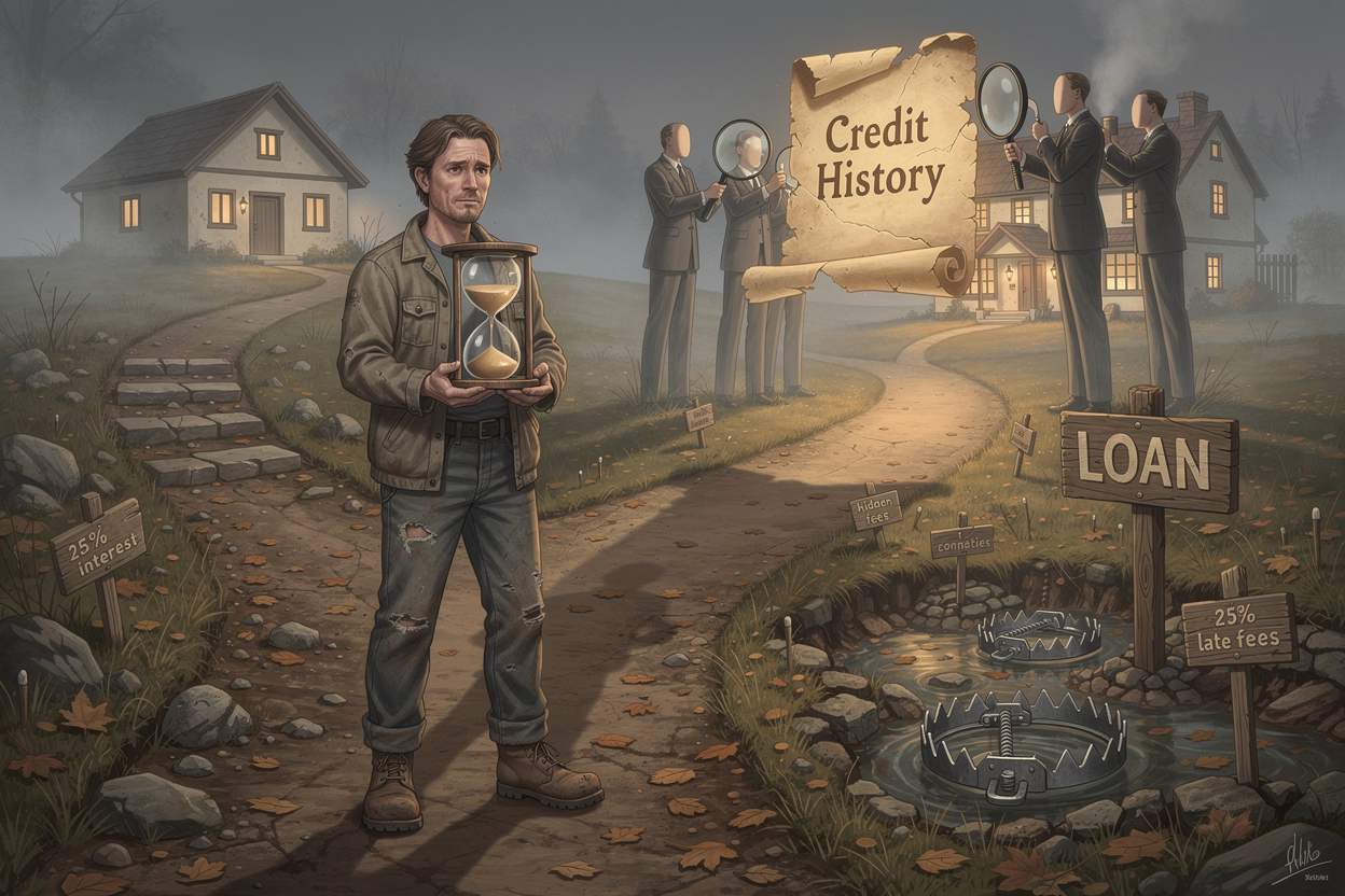 Сезонный работник на перепутье, окружённый скрытыми ловушками займов, с символами временной работы и кредитных рисков.