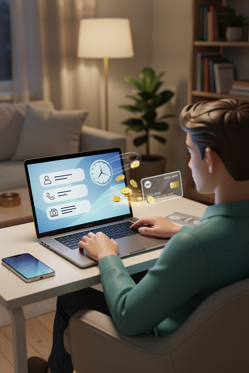 Человек в домашней обстановке заполняет онлайн-заявку на микрозайм на экране ноутбука, символизируя удобный и быстрый процесс.