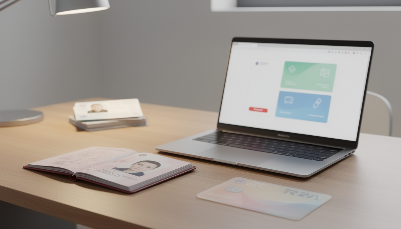 Организованный стол с российским паспортом, банковской картой и ноутбуком, символизирующий простоту оформления займа.