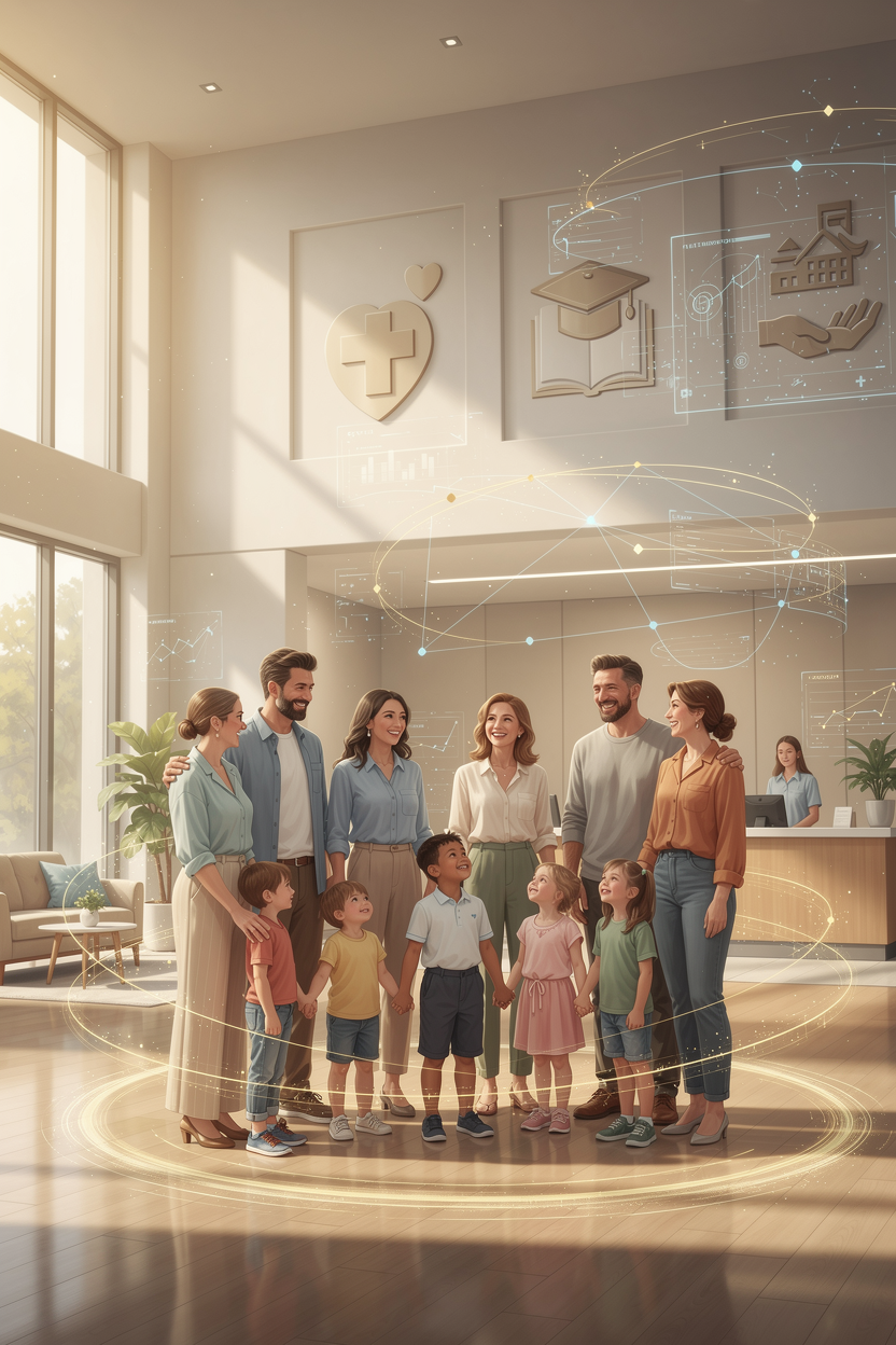 Семьи в современном общественном центре, символизирующие государственную поддержку и социальные программы.