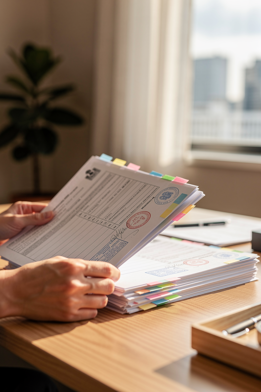 Руки человека аккуратно раскладывают документы с цветными вкладками на столе, символизируя оформление государственной помощи.