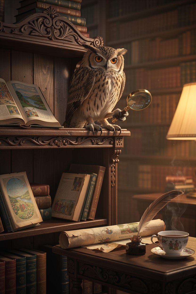 Мудрая сова с лупой на книжной полке в уютной библиотеке, окружённая книгами и символами поиска ответов.