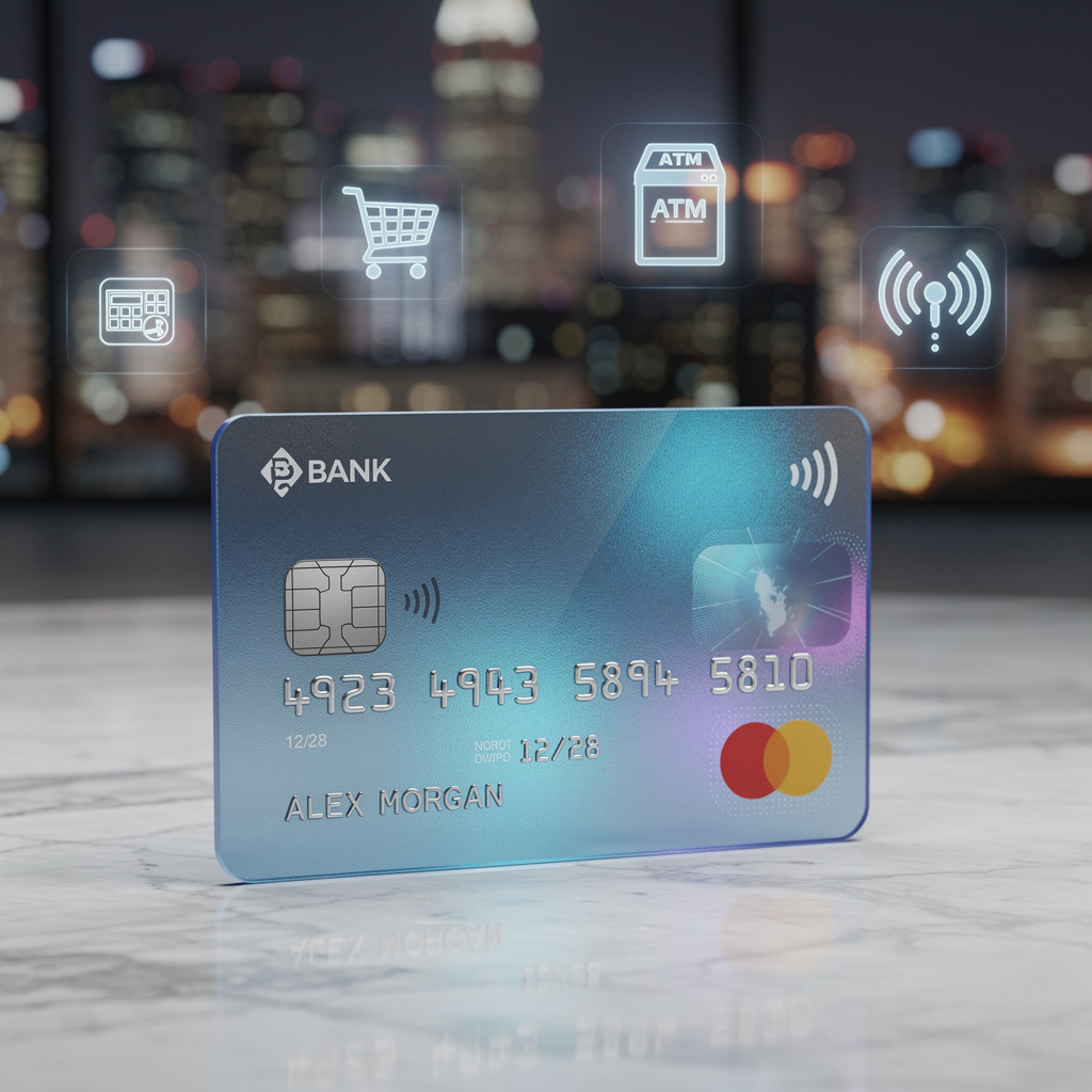 Современная дебетовая карта с голографическими элементами на мраморной поверхности, символизирующая безопасность и удобство финансовых операций.