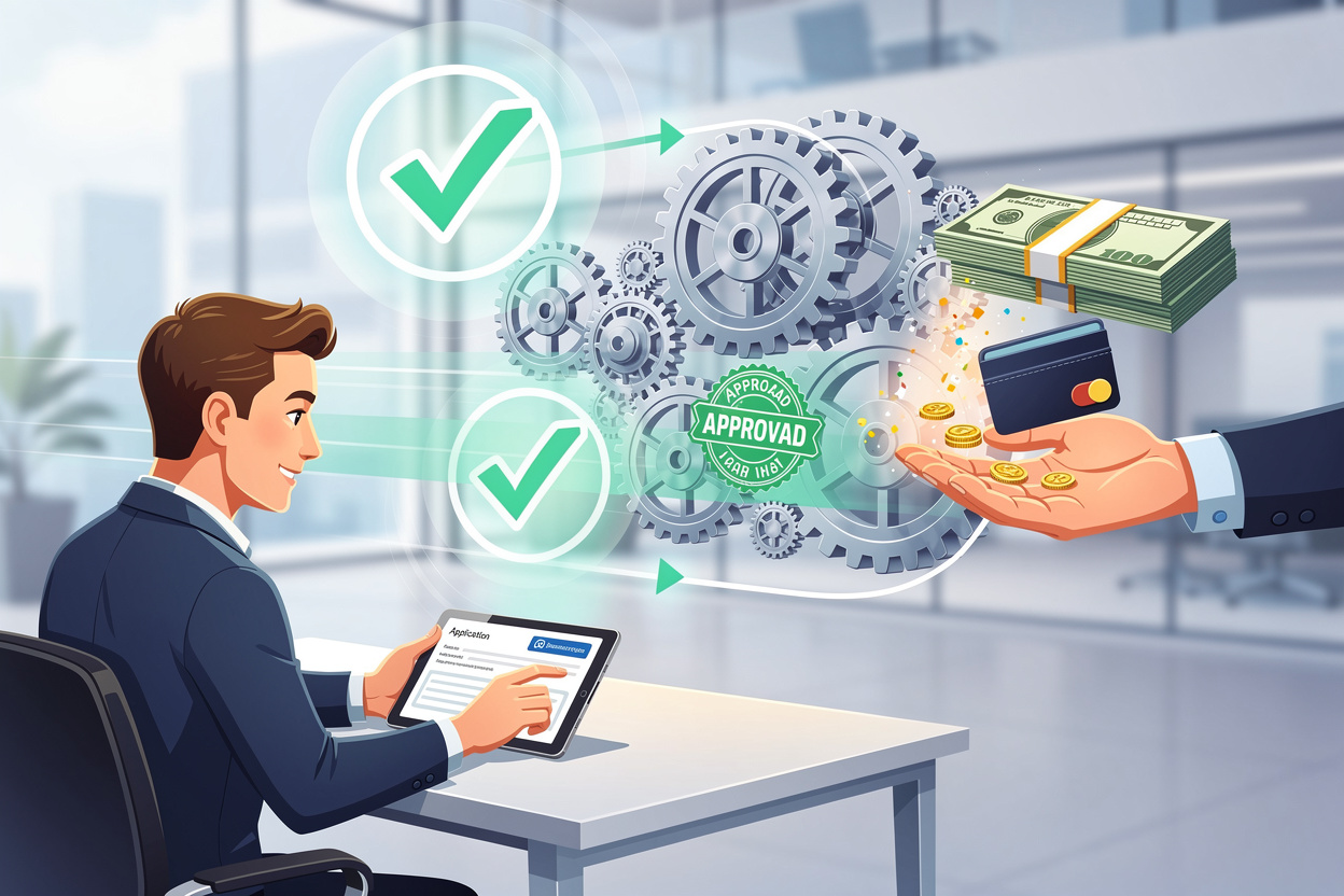 Иллюстрация процесса получения займа: от заполнения заявки до выдачи денег.