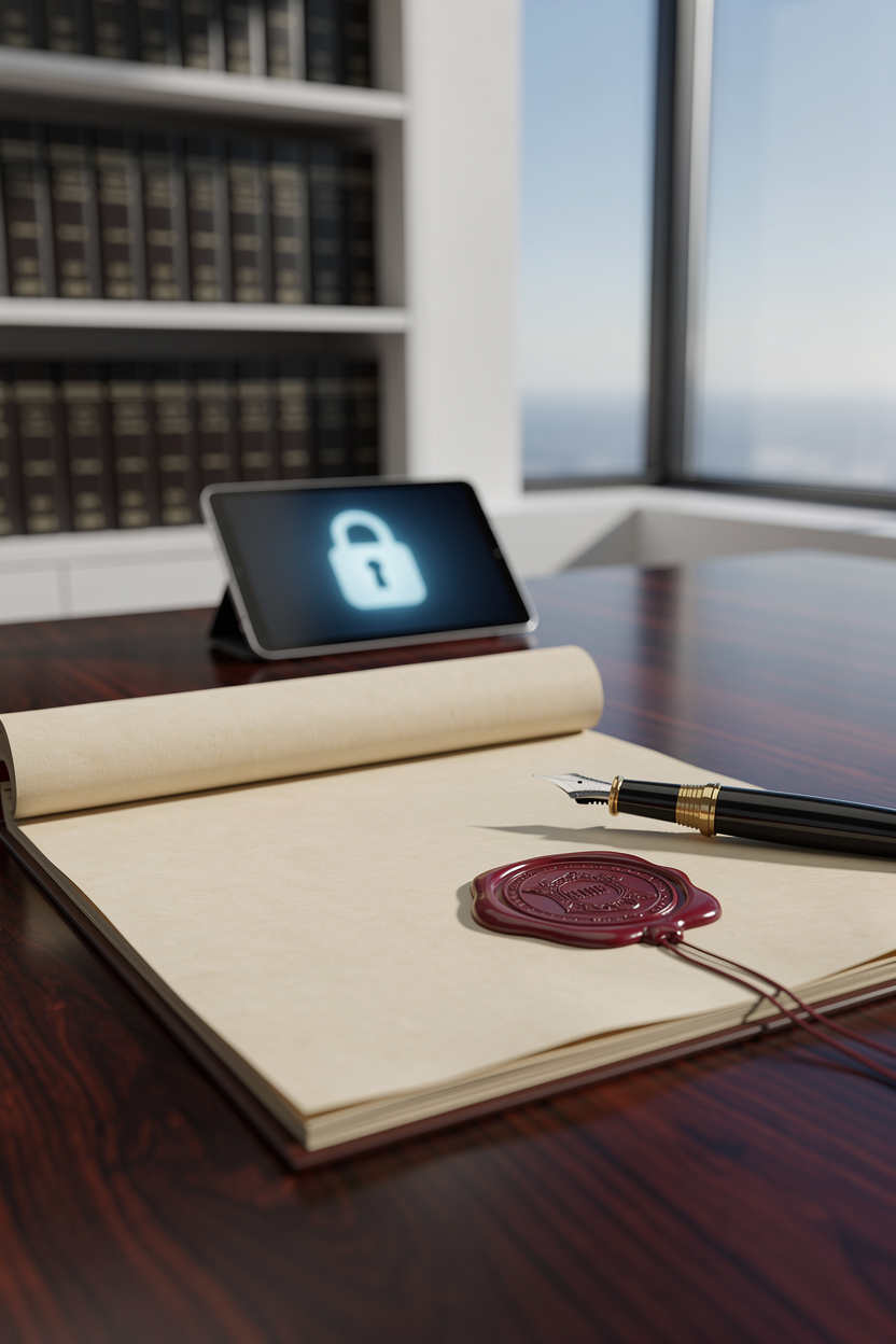 Символическое изображение безопасного юридического документа с восковой печатью в современном офисе.