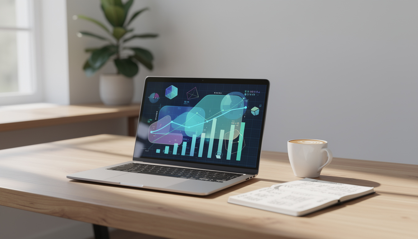 Домашний офис самозанятого с ноутбуком, показывающим финансовые данные, символизирующий кредитование для индивидуальных предпринимателей.