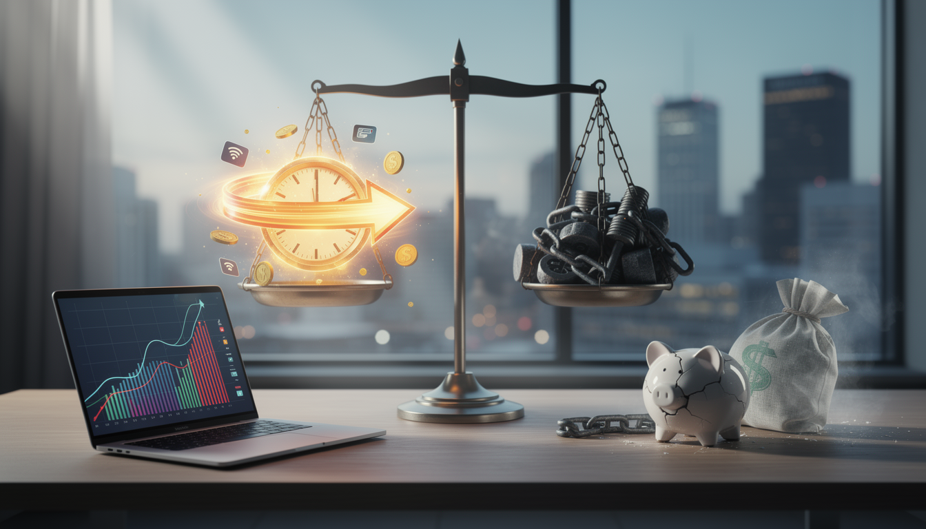 Символическое изображение весов, показывающее преимущества и недостатки займов без карты в современном офисе.