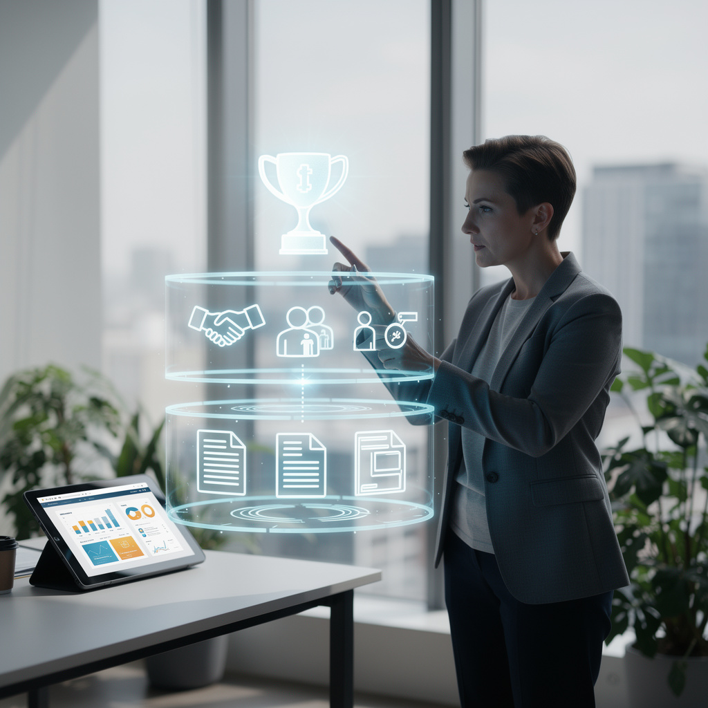 Профессионал изучает светящуюся схему этапов рефинансирования в современном офисе