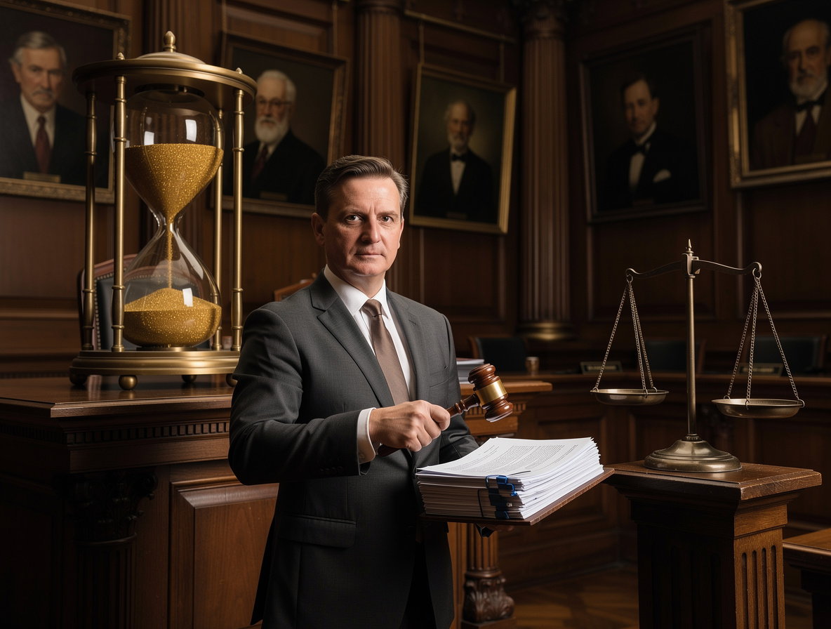 Финансовый управляющий в зале суда с символами банкротства: песочные часы, весы правосудия и документы.