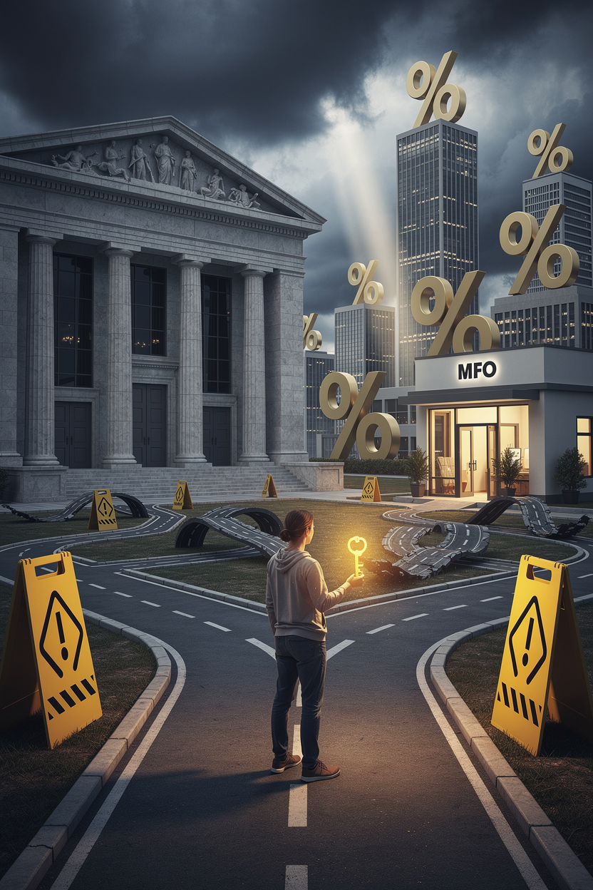 Человек на перепутье с ключом, символизирующим займ, среди знаков высоких процентов и коротких сроков, с контрастом между закрытым банком и открытой МФО на фоне.