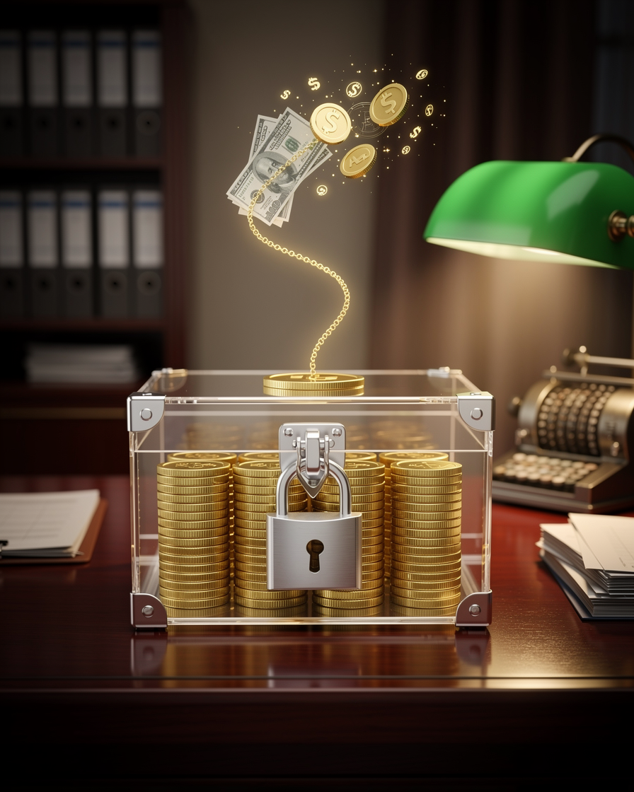 Прозрачный сейф с деньгами, из которого вытекает кредит, символизируя залог вклада для получения ссуды.