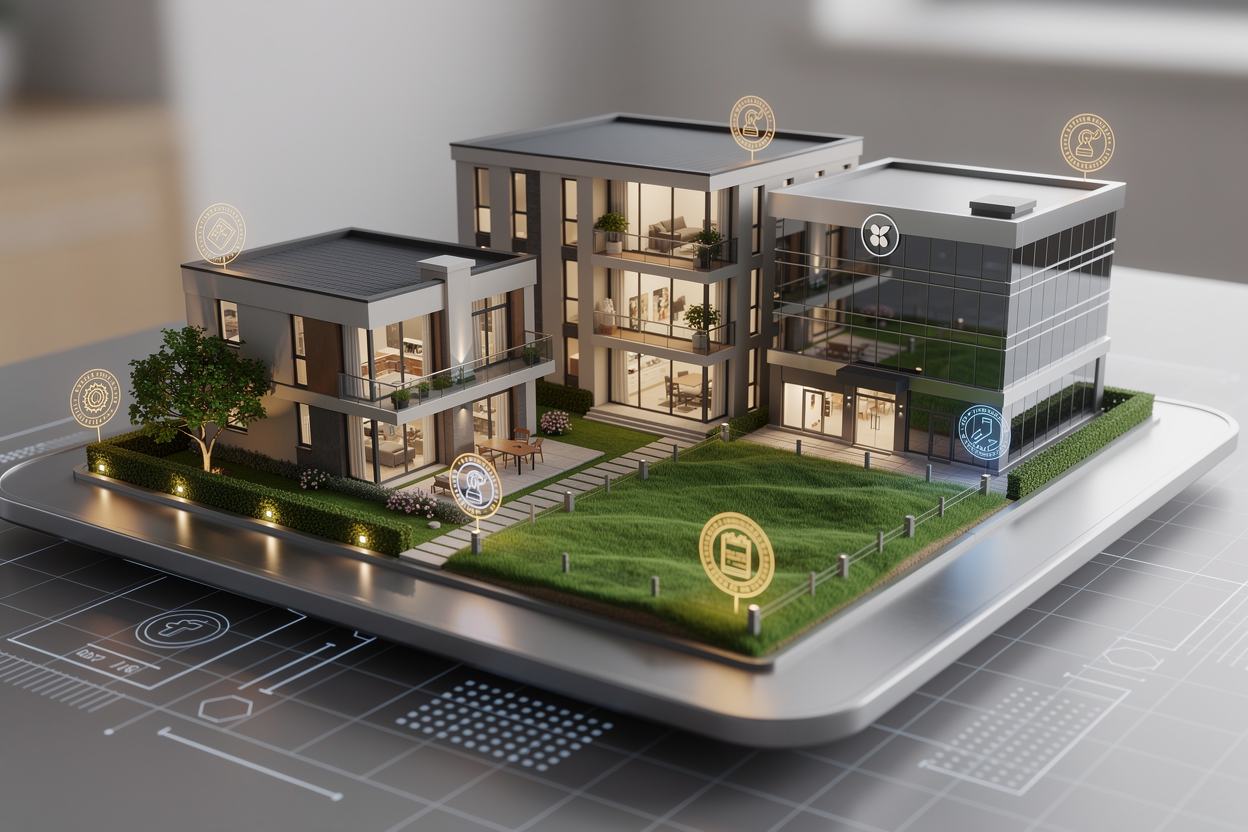 Коллаж из различных видов недвижимости, используемых в качестве залога: квартира, частный дом, земельный участок и коммерческое здание, символизирующие активы для получения займа.