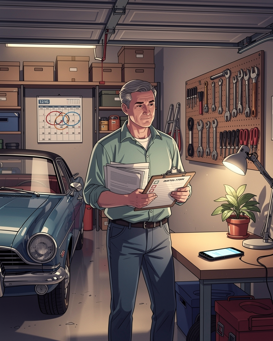 Человек в гараже с документами, символизирующий процесс оформления займа под залог.