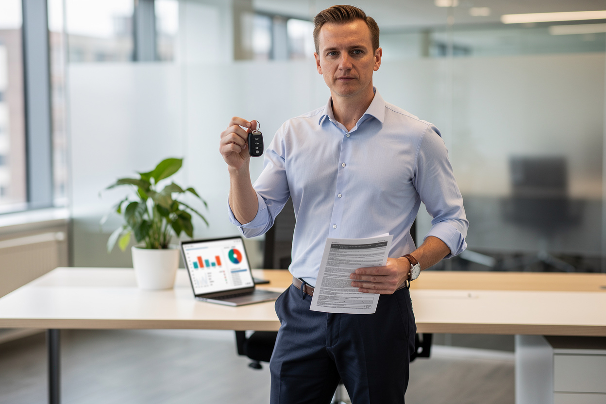 Человек в офисе держит ключи от машины и документы, символизируя получение займа под залог автомобиля.