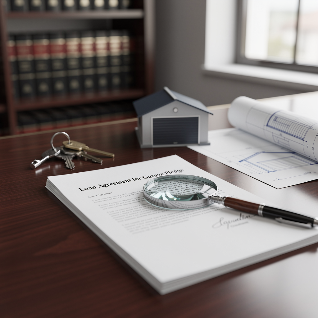Стопка документов для договора займа под залог гаража на столе с символическими предметами, такими как ключи и модель гаража.
