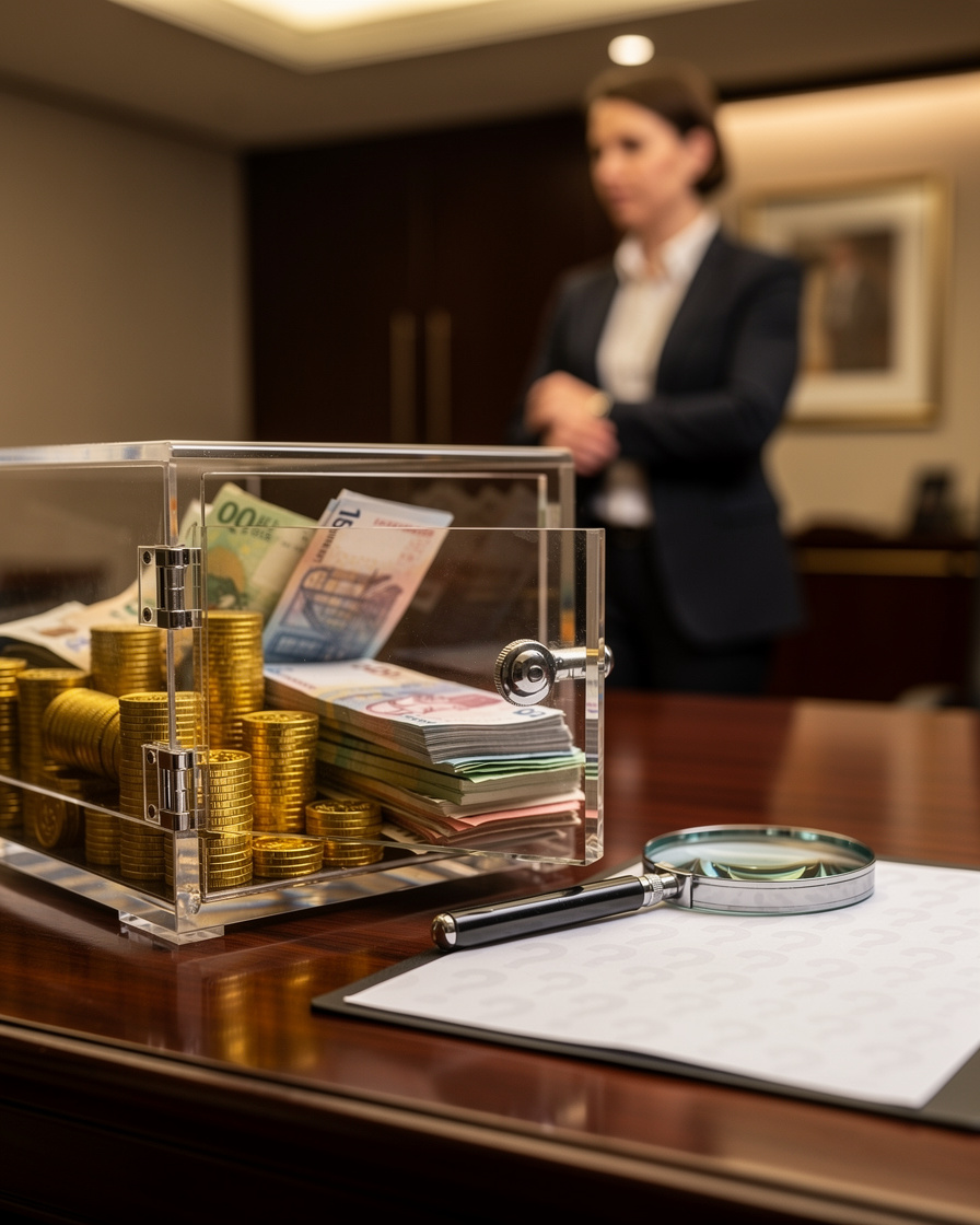 Прозрачный сейф с деньгами на столе в банке, символизирующий кредит под залог вклада и ответы на вопросы