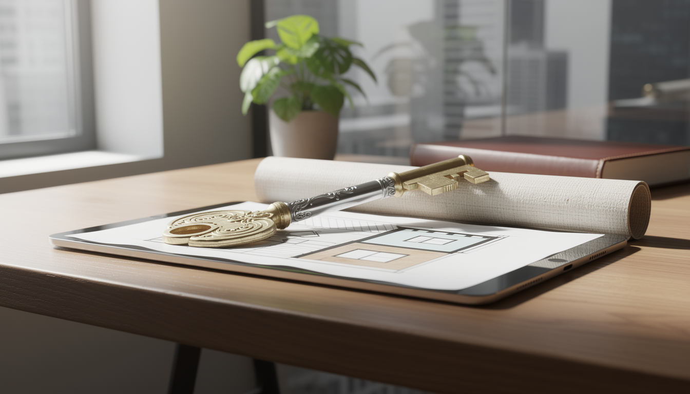 Символическое изображение залога недвижимости: ключ на документе в офисе