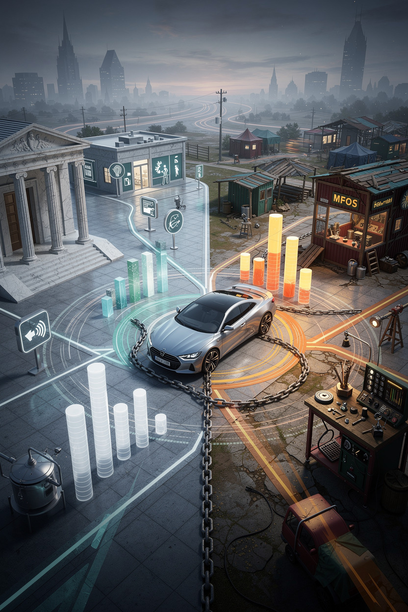 Символическое изображение выбора между разными типами кредиторов на перекрёстке с залогом автомобиля.