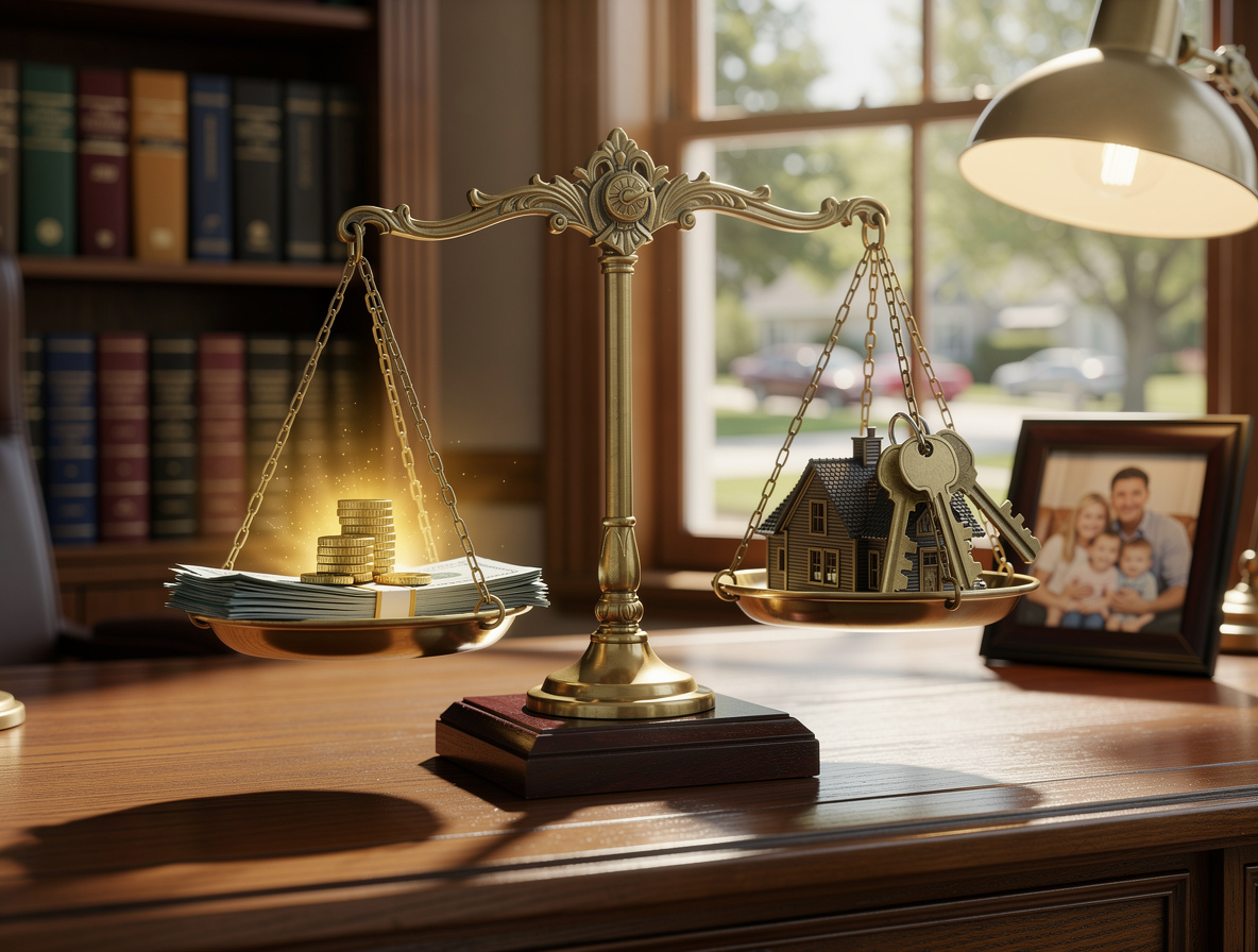 Весы с деньгами и ключами от дома, символизирующие баланс выгод и рисков займа под залог имущества