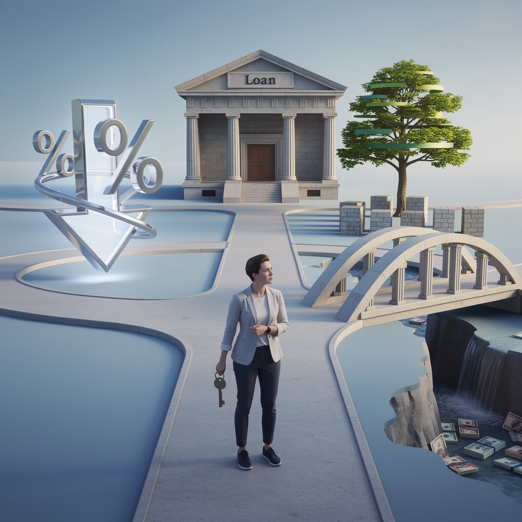 Человек на перекрёстке финансовых решений, рассматривающий альтернативные пути рефинансирования вместо традиционного займа.